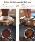 Comparison of 53mm Espresso Tamper With Walnut Handle vs other tamper showing horizontal scale pressure on coffee grinds.