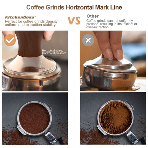 Comparison of 53mm Espresso Tamper With Walnut Handle vs other tamper showing horizontal scale pressure on coffee grinds.