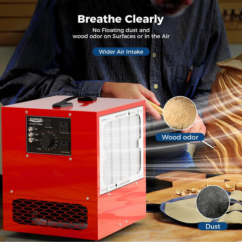 Portable Air Filtration System with 180 Degree Air Intake and High Velocity Vortex Fan in woodshop