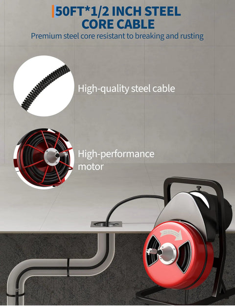 50 Foot By Half Inch Automatic Feed Drain Cleaning Machine Sewer Snake Auger With Cutter heavy duty steel core cable and motor.