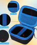 Rugged Hard Case For Izzo Swami 6000 Handheld Golf GPS With Black And Blue Cover, showing mesh bag and elastic bandage
