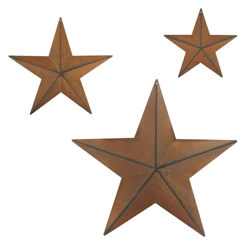 Rusty Barn Star Wall And Door Decor Set In Metal With Vintage Farmhouse Charm, Includes 12 Inch, 8 Inch And 5.5 Inch Stars, 3 Piece Set