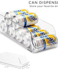 Ultimate Six Piece Fridge Organizer And Pantry Storage Bin Set Featuring Wide Narrow Containers Clear Can Caddy For Twelve Drinks Plus Egg Holder To Straight Up Declutter Your Space - Clear can dispenser holding eight soda cans.