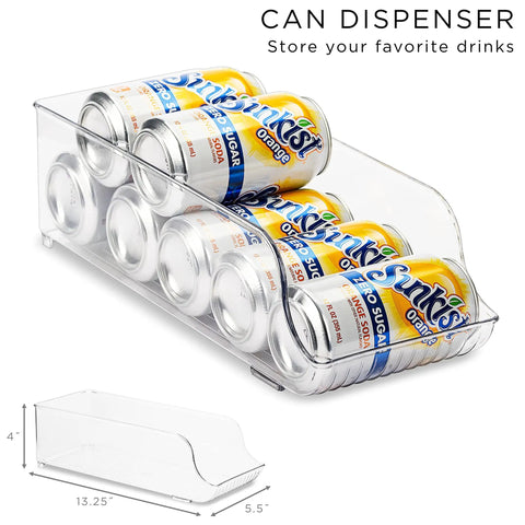 Ultimate Six Piece Fridge Organizer And Pantry Storage Bin Set Featuring Wide Narrow Containers Clear Can Caddy For Twelve Drinks Plus Egg Holder To Straight Up Declutter Your Space - Clear can dispenser holding eight soda cans.