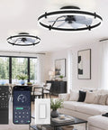 ZMISHIBO 2 Pack 24 Inch Ceiling Fans with Lights and Remote, Black installed in a modern living room with remote control.