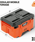 MODbox Medium Deep Tool Box With Beefy Heavy Duty Organizer Removable Tray Water And Debris Resistant Stackable Module For A Mobile Workstation And 100 Pound Capacity, front view with dimensions.