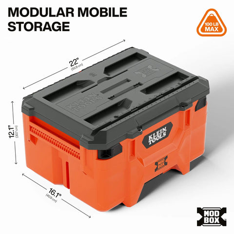 MODbox Medium Deep Tool Box With Beefy Heavy Duty Organizer Removable Tray Water And Debris Resistant Stackable Module For A Mobile Workstation And 100 Pound Capacity, front view with dimensions.
