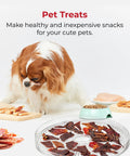Straight Up Five Tray Food Dehydrator Machine With Adjustable Temperature Dial Horizontal Heat Flow For Preparing Homemade Jerky Fresh Herbs Ripe Fruit Crunchy Veggies Zero Additives Bpa Free White with pet treats being prepared.