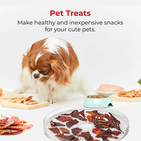 Straight Up Five Tray Food Dehydrator Machine With Adjustable Temperature Dial Horizontal Heat Flow For Preparing Homemade Jerky Fresh Herbs Ripe Fruit Crunchy Veggies Zero Additives Bpa Free White with pet treats being prepared.