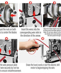 Step-by-step use of Heavy Duty Wire Stripping Machine For Copper Wire 0.06–1 Inch showing blade adjustment and hand crank operation.