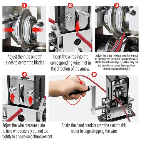 Step-by-step use of Heavy Duty Wire Stripping Machine For Copper Wire 0.06–1 Inch showing blade adjustment and hand crank operation.