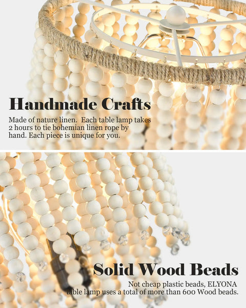 Close-up of handcrafted boho table lamp with USB charging port, birch wood bead details, highlighting natural finish and texture.