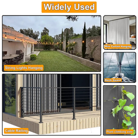 Wide variety of uses for cable railing, including string lights, wire curtains, and plant climbing vines.