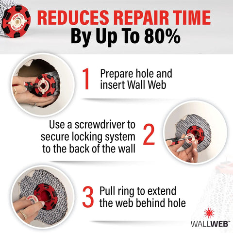 Innovative Drywall Repair Kit With 2 Inch Hole Patch And Spackle For Easy Wall Fixes, showing installation steps of Wall Web