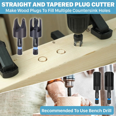 22-Piece Countersink Drill Bit Set With Quarter Inch Hex Shank, Tapered Countersinks, Wood Plug Cutters, Adjustable Depth Stops in use