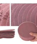 Peel And Switch 7 Inch Hook Loop Sanding Discs With Dust Vent Holes For Wood Metal And Plastic 80 To 800 Grit Assortment Pack Of 10 close-up of mesh design and stack of discs