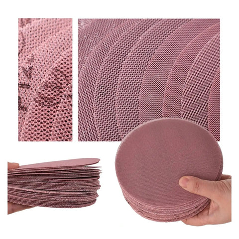 Grab These Fresh 10 Pc Sanding Discs With Hook Loop Backing That Fit Perfectly In Your Grip, showing detailed mesh backing and stacks.
