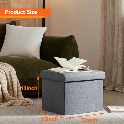 Storage Ottoman Footrest Stool With Hidden Storage in gray, 17x13x13 inches size, next to a sofa with a book on top