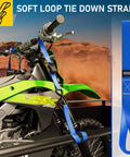 Six Pack Soft Loop Tie Down Straps securing a motorcycle, blue heavy-duty straps 1500 lb load and 4500 lb break strength