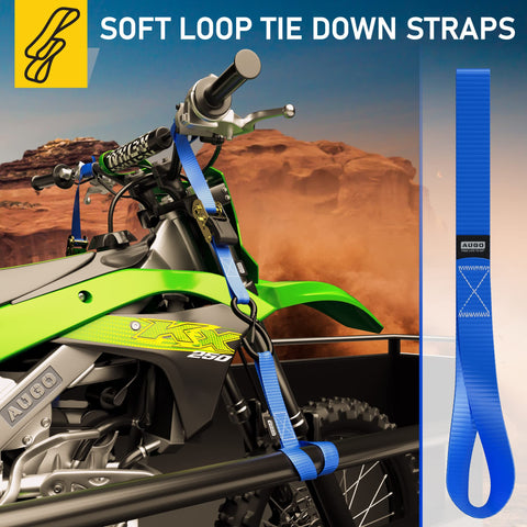 Six Pack Soft Loop Tie Down Straps securing a motorcycle, blue heavy-duty straps 1500 lb load and 4500 lb break strength