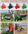 Two Pack 3/8 Inch Tractor Bucket Grab Hooks With Backer Plate, Grade 70 Forged Steel in use on tractors and loaders