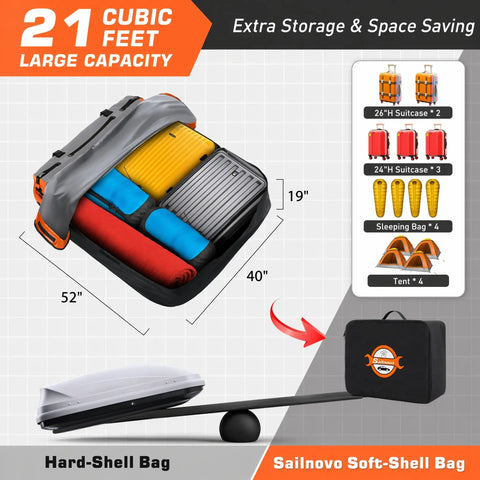 Rooftop Cargo Carrier Bag 21 Cubic 1000D PVC Waterproof Soft Shell showcasing internal storage capacity and dimensions.