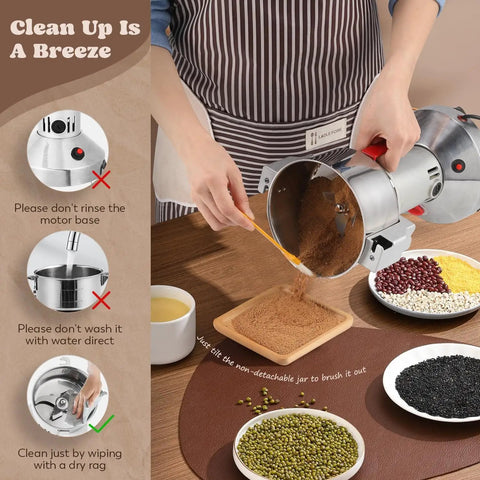 Person using Grain Mill Grinder Electric 300g Commercial Spice Grinder 1500W Stainless Steel Pulverizer to grind spices on a table