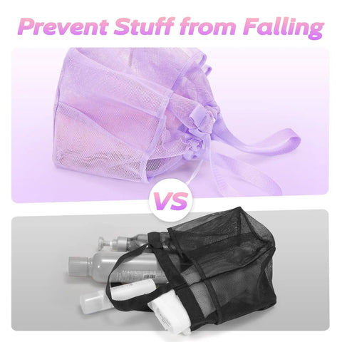 Mesh Shower Caddy With Drawstring Closure Portable Organizer For Dorm Rooms Gym Travel Camping Swimming And Bathroom Essentials 11x9.9x9.9 Inches 8 Pockets showing closed lavender design vs open black style with toiletries.