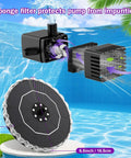 Solar Fountain Kit For Bird Bath And Garden Pond With 3.5W Panel, 2000mAh Battery, showing pump filter with sponge protection.