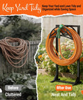 Comparison of cluttered hose on ground vs. neat hose on Beefy Heavy Duty Metal Hose Holder With Freestanding Stand And Stable Triangular Base
