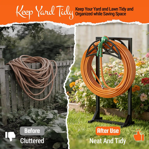 Comparison of cluttered hose on ground vs. neat hose on Beefy Heavy Duty Metal Hose Holder With Freestanding Stand And Stable Triangular Base