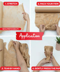 Heavy Duty Brown Honeycomb Packing Paper For No Sweat Moving Day Prep, images showing 160% stretchability application steps.