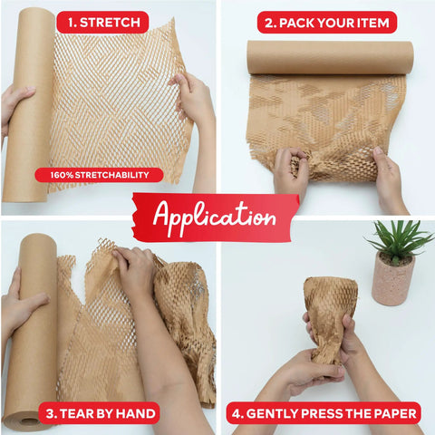 Heavy Duty Brown Honeycomb Packing Paper For No Sweat Moving Day Prep, images showing 160% stretchability application steps.