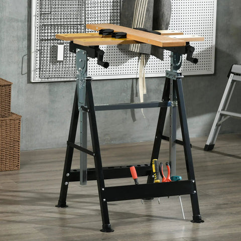 Tough As Nails Adjustable Work Bench Tool Table With Four Heavy Duty Clamps And Six Position Tilt Top Scaling Thirty Three To Forty Five Inches, featuring steel frame and clamps for DIY projects.
