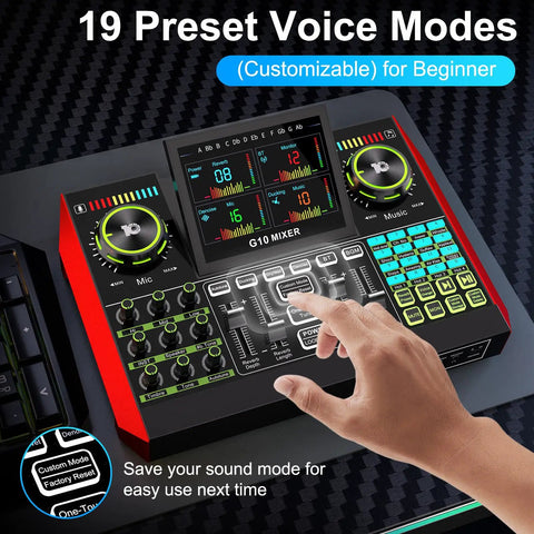 Close-up of 19 preset voice modes on mixer from All In One Podcast Studio Bundle With Live Sound Mixer And 3.5mm Condenser Microphone P15