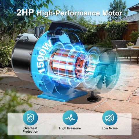 2HP Portable Shallow Well Pump For Home Use showcasing high-performance motor in garden setting