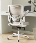 Back view of Ergonomic Desk Chair With Adjustable Lumbar Support And Flip Up Armrests In Breathable Mesh For All Day Comfort At Home Or In The Office Khaki Color S Shaped Back Height And Tilt Adjustability in a home office setting