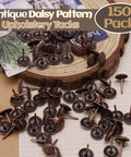Top Shelf Red Copper Daisy Head Upholstery Tacks, 150 Pack Heavy Duty Thumb Nails with antique finish on wooden base.