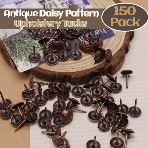 Top Shelf Red Copper Daisy Head Upholstery Tacks, 150 Pack Heavy Duty Thumb Nails with antique finish on wooden base.