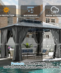 10x12 Hardtop Aluminum Framed Outdoor Gazebo With Double Polycarbonate Roof For Patio And Garden Hangout Ready Durable Pavilion With Curtains And Netting, UV Protection And Easy Setup For Lawn And Backyard, shown with curtains closed, waterproof and snow resistant features highlighted.