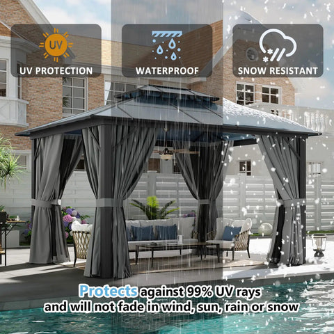 10x12 Hardtop Aluminum Framed Outdoor Gazebo With Double Polycarbonate Roof For Patio And Garden Hangout Ready Durable Pavilion With Curtains And Netting, UV Protection And Easy Setup For Lawn And Backyard, shown with curtains closed, waterproof and snow resistant features highlighted.