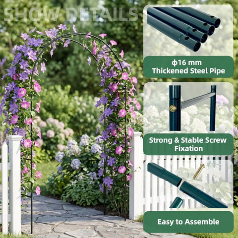 Heavy Duty Garden Arch Trellis With 16mm Thickened Tubing, 7.6ft Metal Garden Arbor For Climbing Plants Roses Outdoor Use