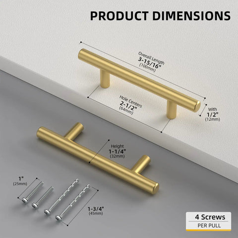 10 Pack 2-1/2 Inch Brushed Gold Cabinet Handles Set Stainless Steel Drawer Pulls For Kitchen Bathroom Dresser Easy DIY Upgrade