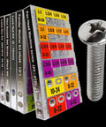 Heavy Duty 725 Piece Phillips Pan Head Machine Screw Assortment Kit With 304 Stainless Steel Nuts And Flat Washers In A Tight Snap Lock Case showing labeled fasteners and a close-up screw.