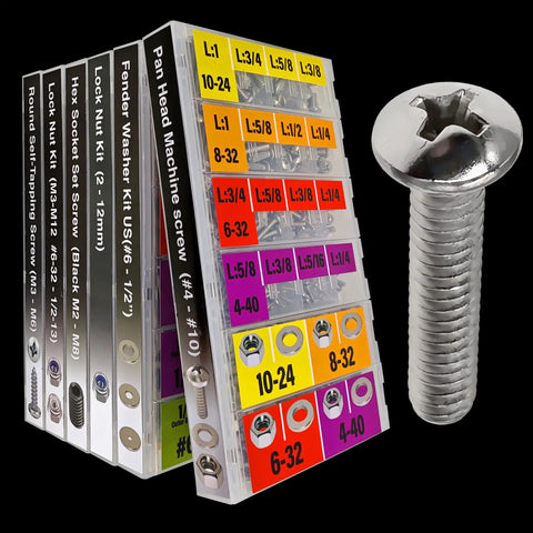 Heavy Duty 725 Piece Phillips Pan Head Machine Screw Assortment Kit With 304 Stainless Steel Nuts And Flat Washers In A Tight Snap Lock Case showing labeled fasteners and a close-up screw.
