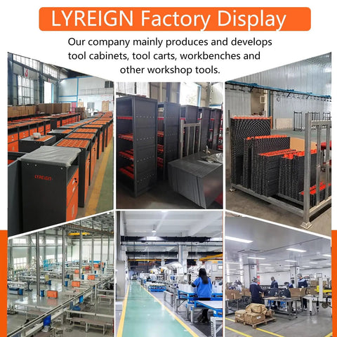 LYREIGN factory display showing tool cabinets, tool carts, workbenches in production area for workshop tools manufacturing.