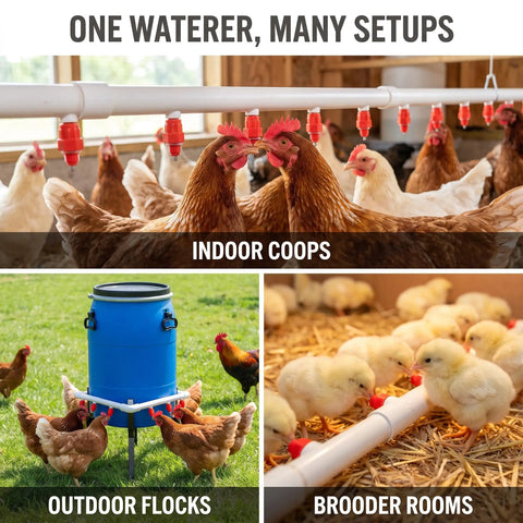 Heavy Duty Automatic Poultry Watering Nipples With Screw Style Mounting For Chickens Ducks Geese in various setups for easy drinking.