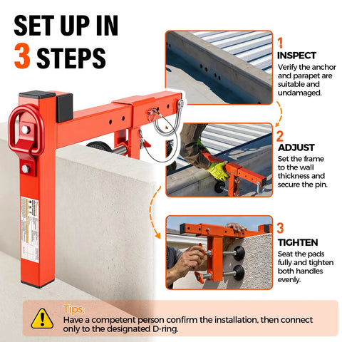 Heavy Duty Parapet Anchor Fall Protection Non Penetrating Rooftop Safety Wall Clamp showing setup steps on a roof.
