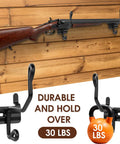 Gun Rack Wall Mount Kit With 12 Vinyl Coated Steel Hooks for slatwall, shown holding a rifle securely on wooden panel.