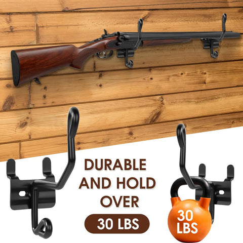 Gun Rack Wall Mount Kit With 12 Vinyl Coated Steel Hooks for slatwall, shown holding a rifle securely on wooden panel.